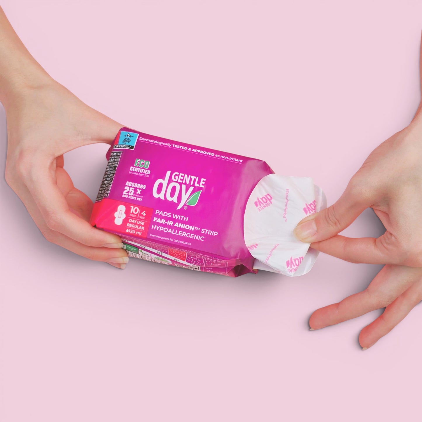 Gentle Day in South Africa organic regular pads with anion strip, hypoallergenic, 10 pads, 240mm, 120ml absorbency.