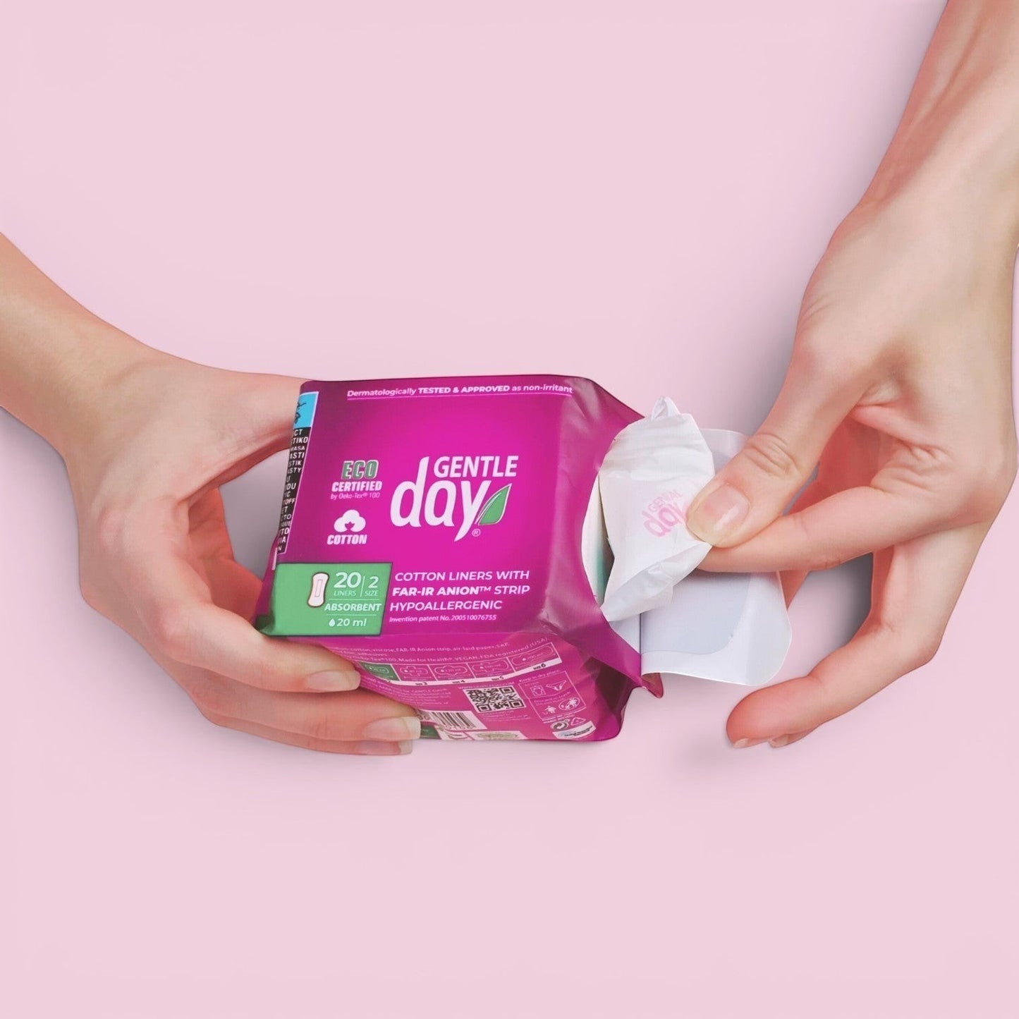 Gentle Day in South Africa organic cotton absorbent panty liners, 20 count, individually wrapped for daily confidence and freshness.