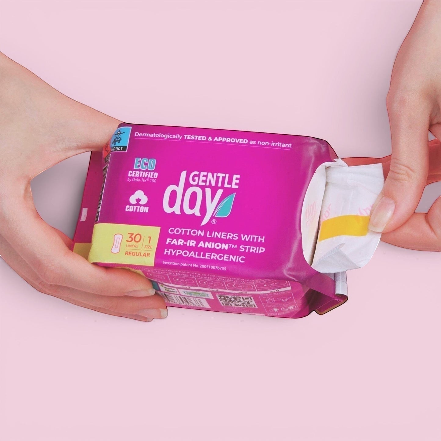 Gentle Day in South Africa organic cotton panty liners, 30 regular size, hypoallergenic, individually wrapped.