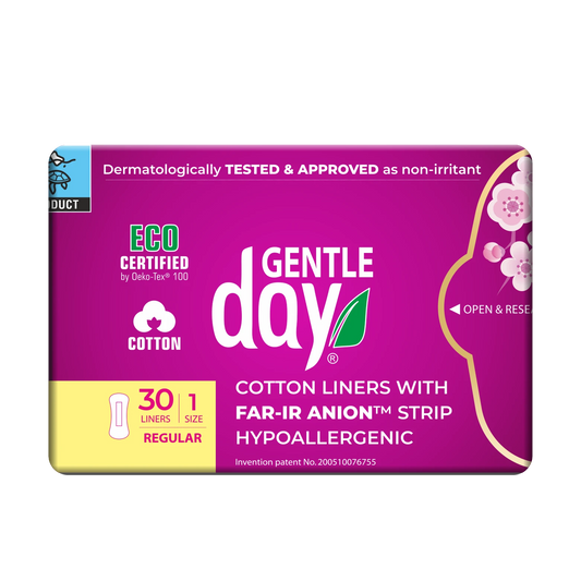 Gentle Day in South Africa organic cotton panty liners, 30 regular size, hypoallergenic, dermatologically tested, OEKO-TEX certified.