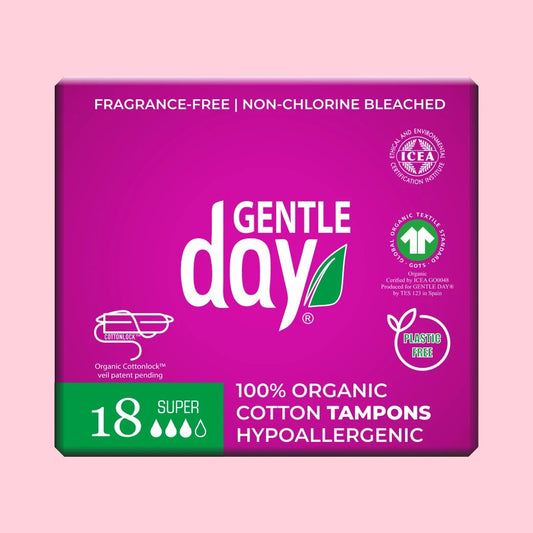 Gentle Day in South Africa organic cotton super tampons box, fragrance-free and plastic-free for medium flow.