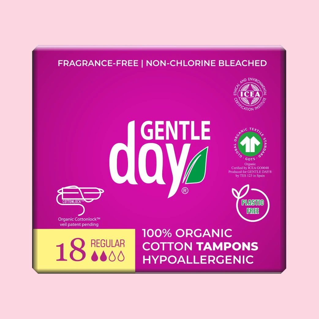 Gentle Day in South Africa organic cotton regular tampons box of 18, fragrance-free and plastic-free packaging.