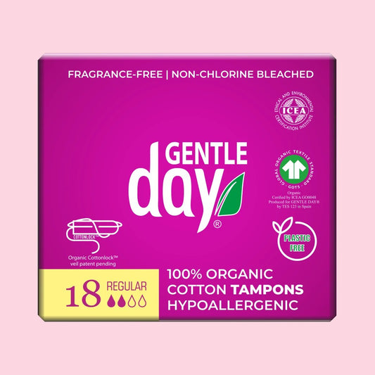 Gentle Day in South Africa organic cotton regular tampons box of 18, fragrance-free and plastic-free packaging.