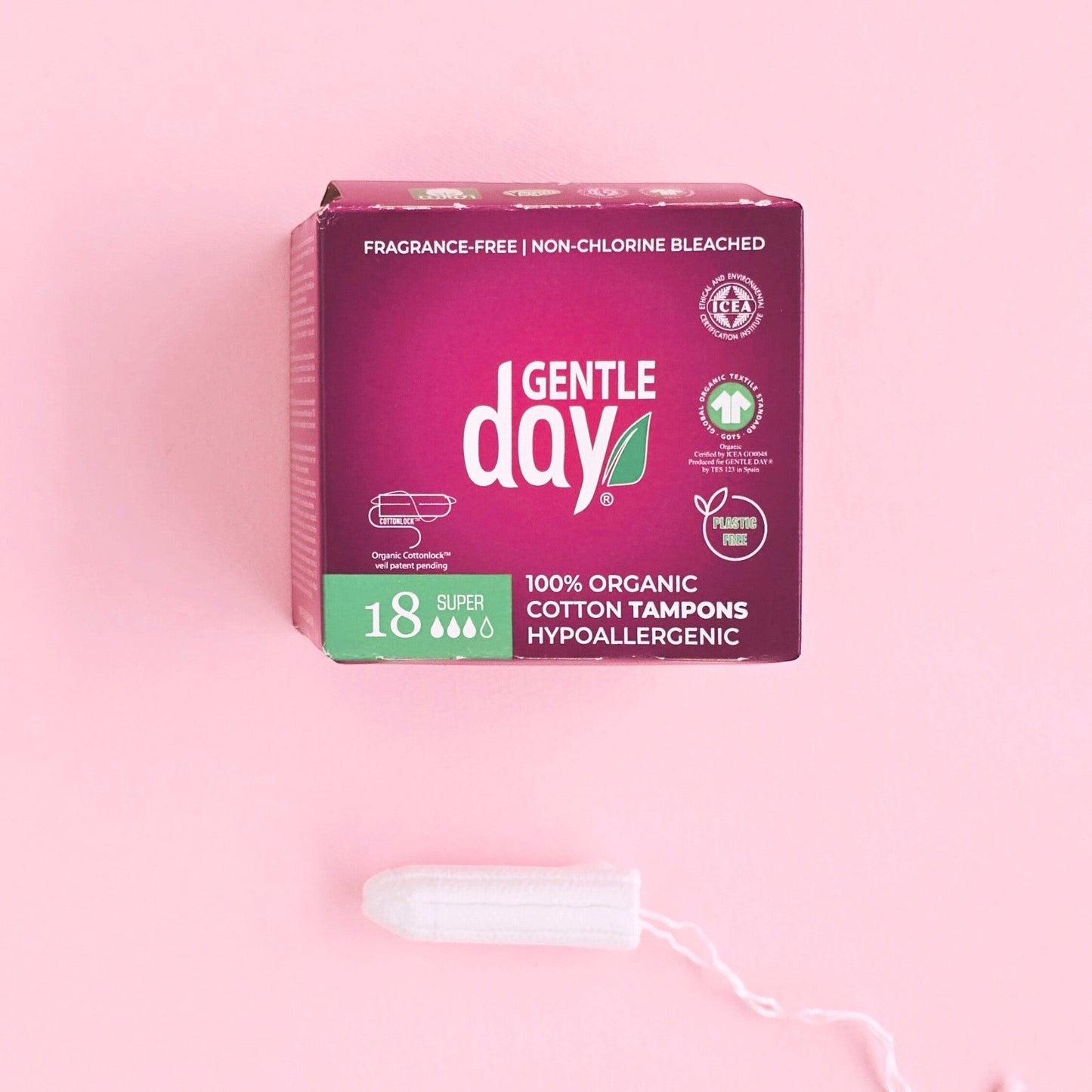 Gentle Day in South Africa organic cotton super tampons box of 18, fragrance-free and hypoallergenic.