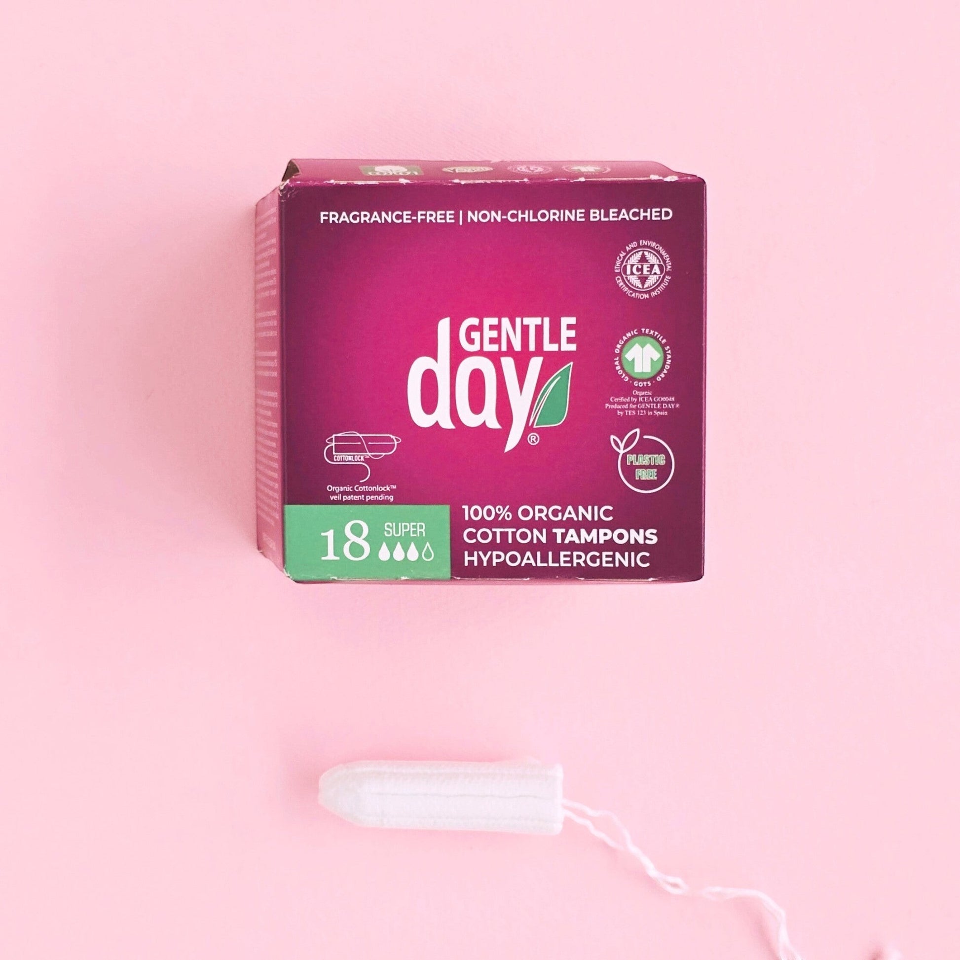 Gentle Day in South Africa organic cotton super tampons box of 18, fragrance-free and hypoallergenic.
