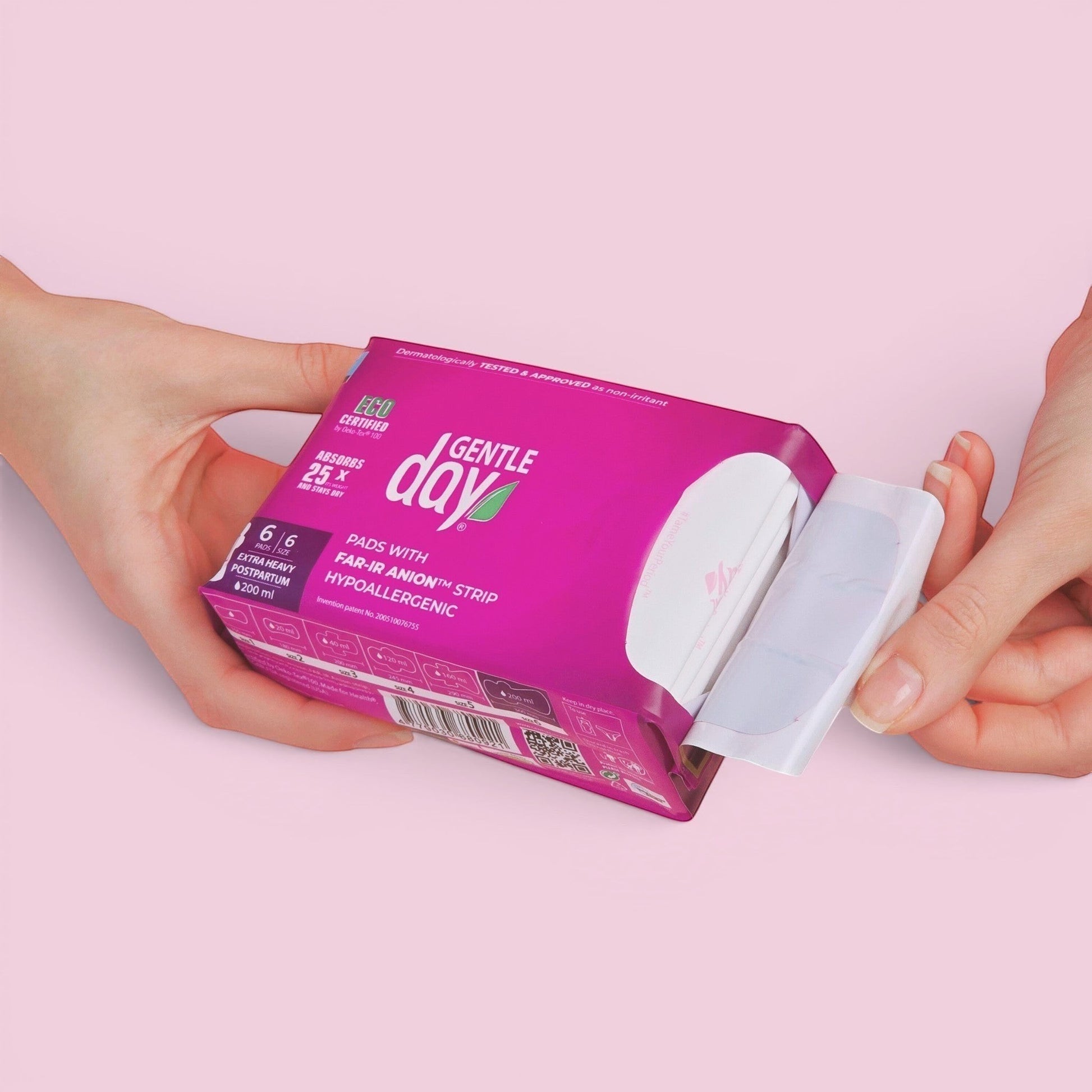 Gentle Day in South Africa organic extra heavy flow pads, 6 individually wrapped pads, 360mm long, 200ml absorbency.