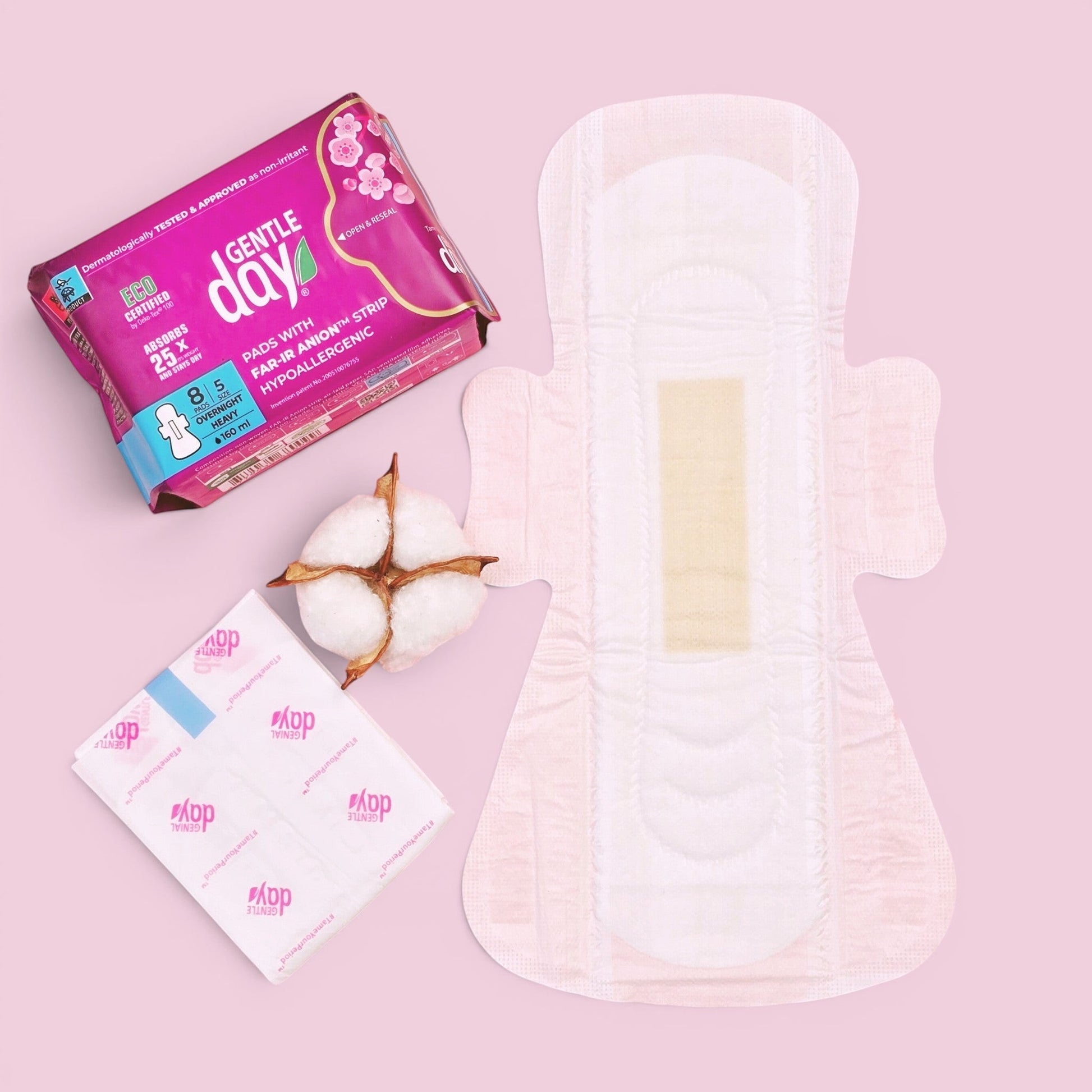Gentle Day in South Africa organic heavy flow overnight pads with wings, hypoallergenic design, and cotton flower.