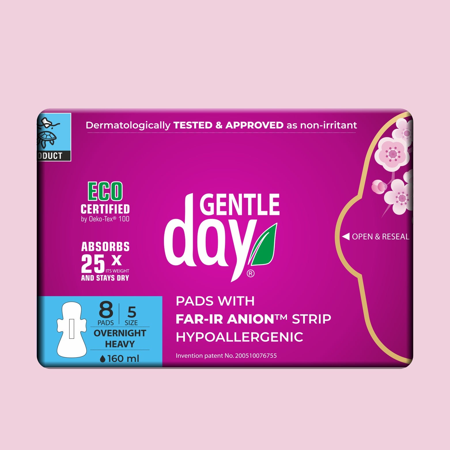 Gentle Day in South Africa organic heavy flow overnight pads in purple packaging with Far-IR Anion strip technology.