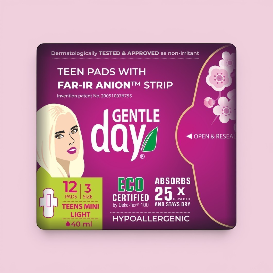Gentle Day in South Africa Organic Light Flow Teen Pads, 12 count, 40ml absorbency, hypoallergenic, eco-certified.
