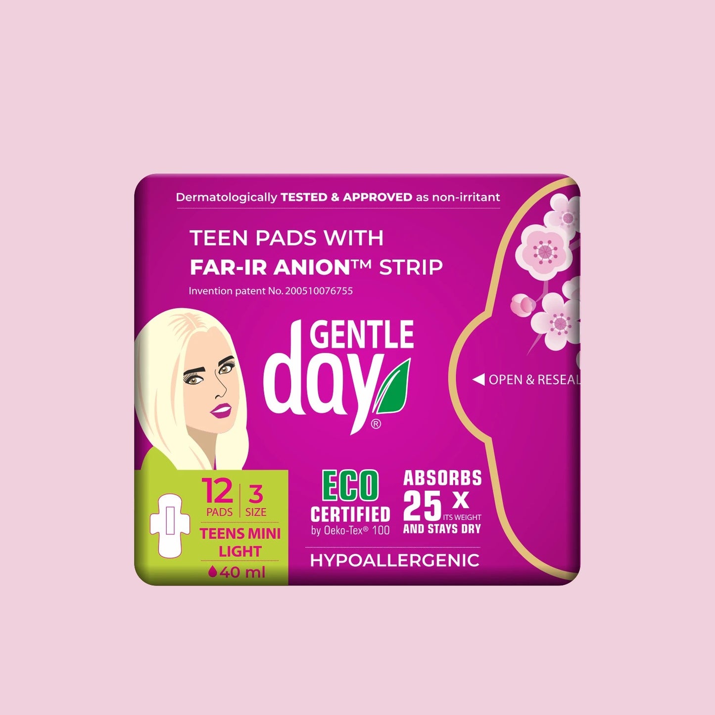 Gentle Day in South Africa organic light flow teen pads, 12 count, 200mm length, 40ml absorbency, hypoallergenic, dermatologically tested.