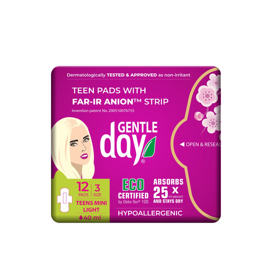 Gentle Day in South Africa organic light flow teen pads, 12 count, 200mm length, 40ml absorbency, hypoallergenic, dermatologically tested.