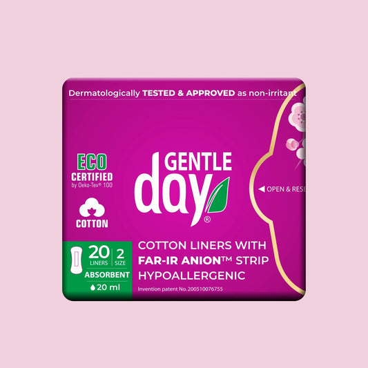 Gentle Day in South Africa organic cotton absorbent panty liners, 20 count, dermatologically tested for sensitive skin.