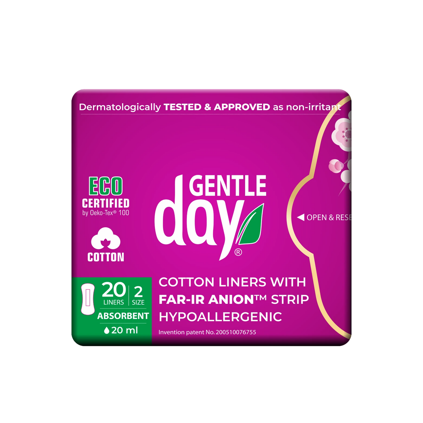 Gentle Day in South Africa organic cotton absorbent panty liners, 20 count, dermatologically tested for sensitive skin.