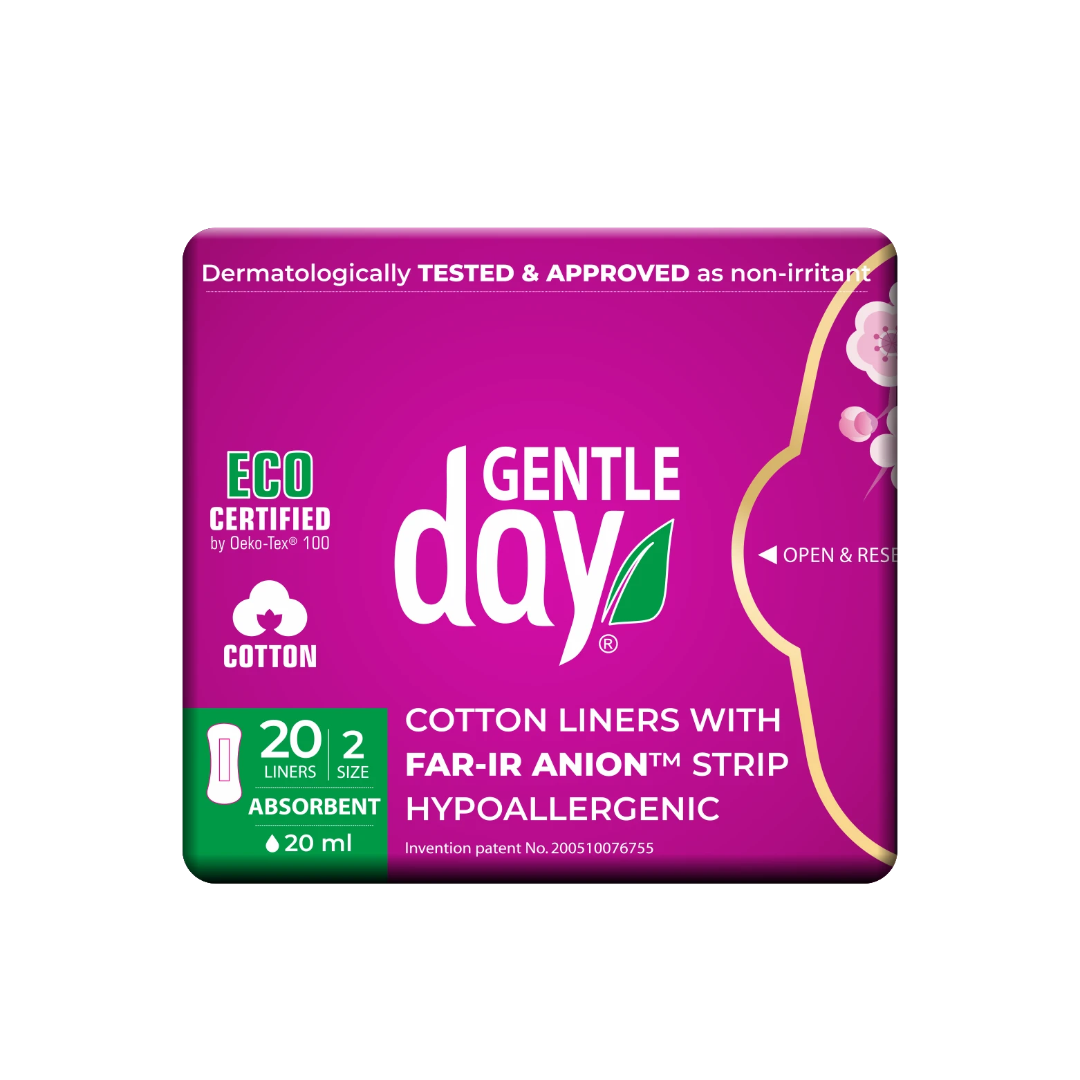 Gentle Day in South Africa organic cotton absorbent panty liners, 20 count, dermatologically tested for sensitive skin.