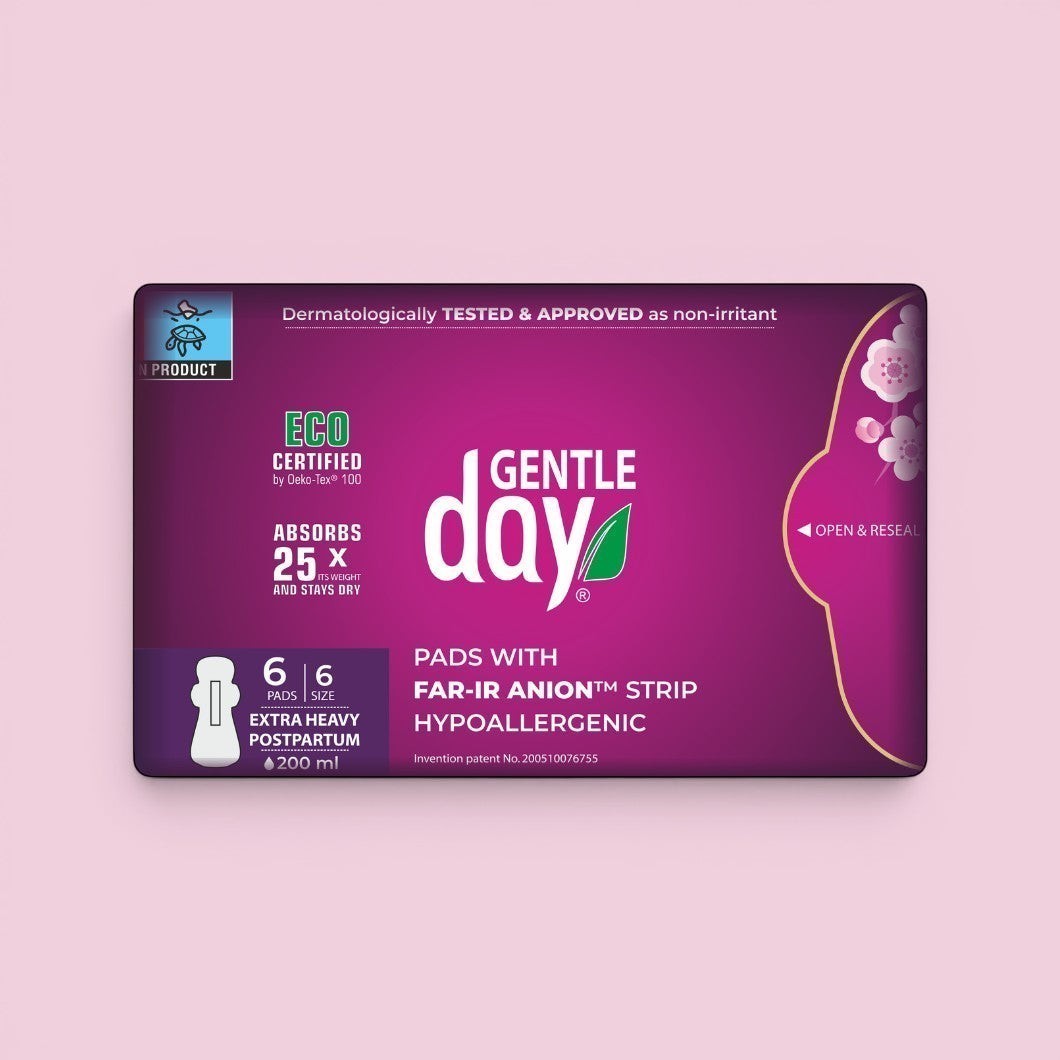 Gentle Day Organic Extra Heavy Flow Pads, 6 pads, 200ml absorbency, hypoallergenic, OEKO-TEX certified.