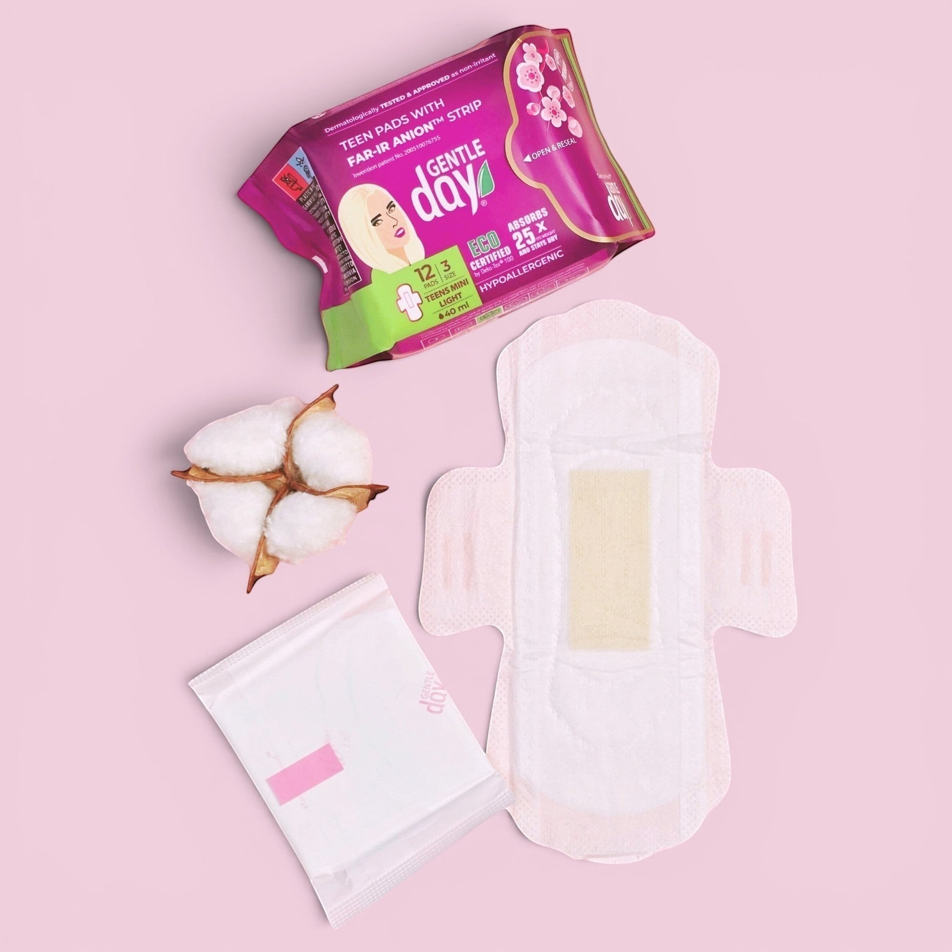 Gentle Day Organic Light Flow Teen Pads are thin, flexible, and made with soft organic cotton for comfortable, breathable protection. Pack of 12.